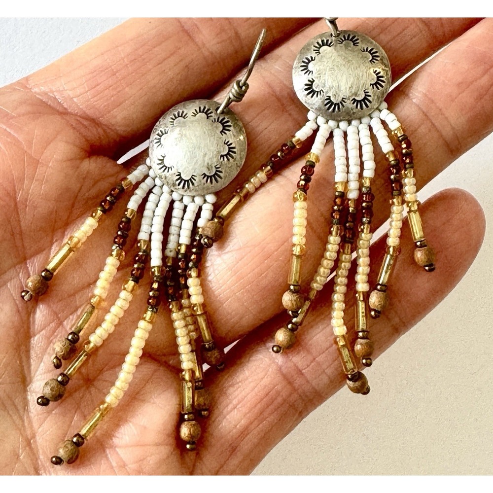 VTG Navajo‎ Stamped Sterling Earrings Fringe Signed Karen Dangle Native USA Hook